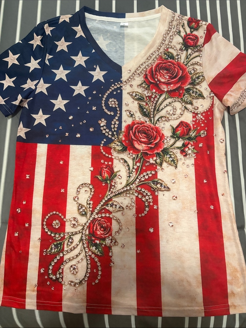 Patriotic Flag Tee with Red Rose Embellishment